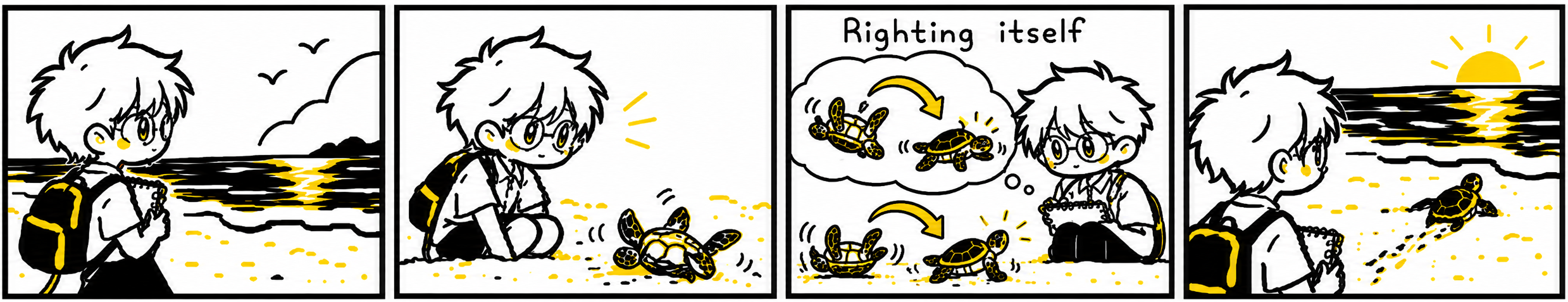 Four-panel line-art comic about studying how to help overturned sea turtle hatchlings safely return to the ocean
